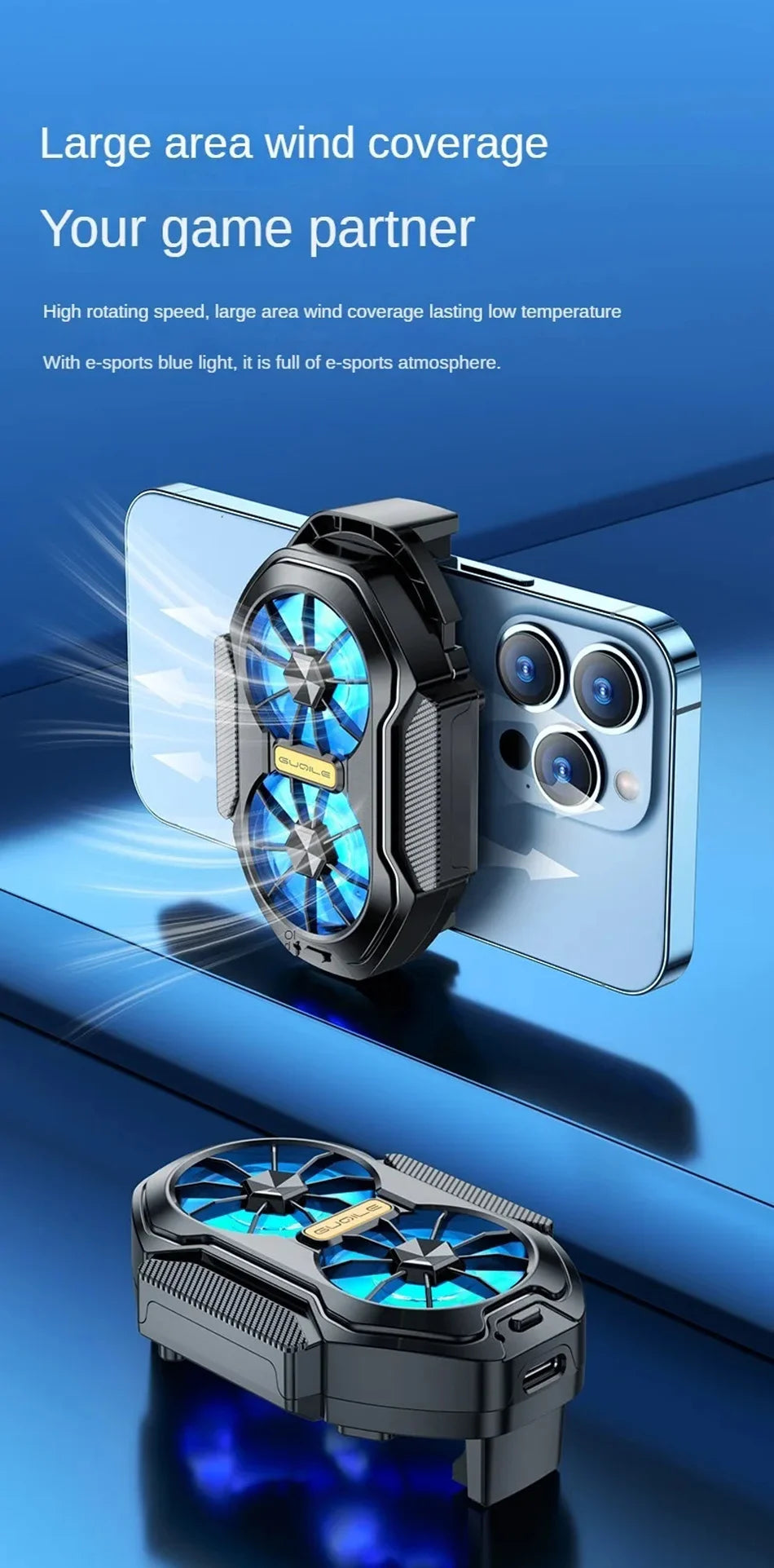 Dual Fan Mobile Phone Cooler – Rechargeable Gaming Phone Cooling Fan