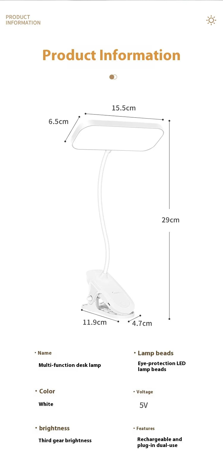 360° Adjustable Clip-On Desk Lamp – USB Rechargeable Reading Light