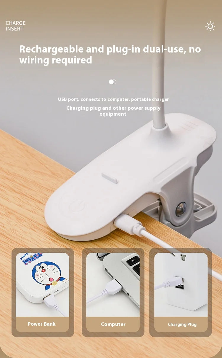 360° Adjustable Clip-On Desk Lamp – USB Rechargeable Reading Light