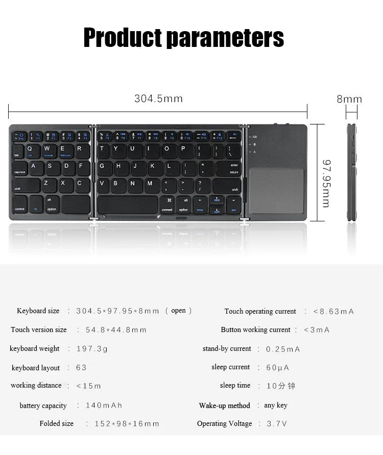 Folding Wireless Keyboard with Touchpad – Portable Rechargeable Mini Keyboard