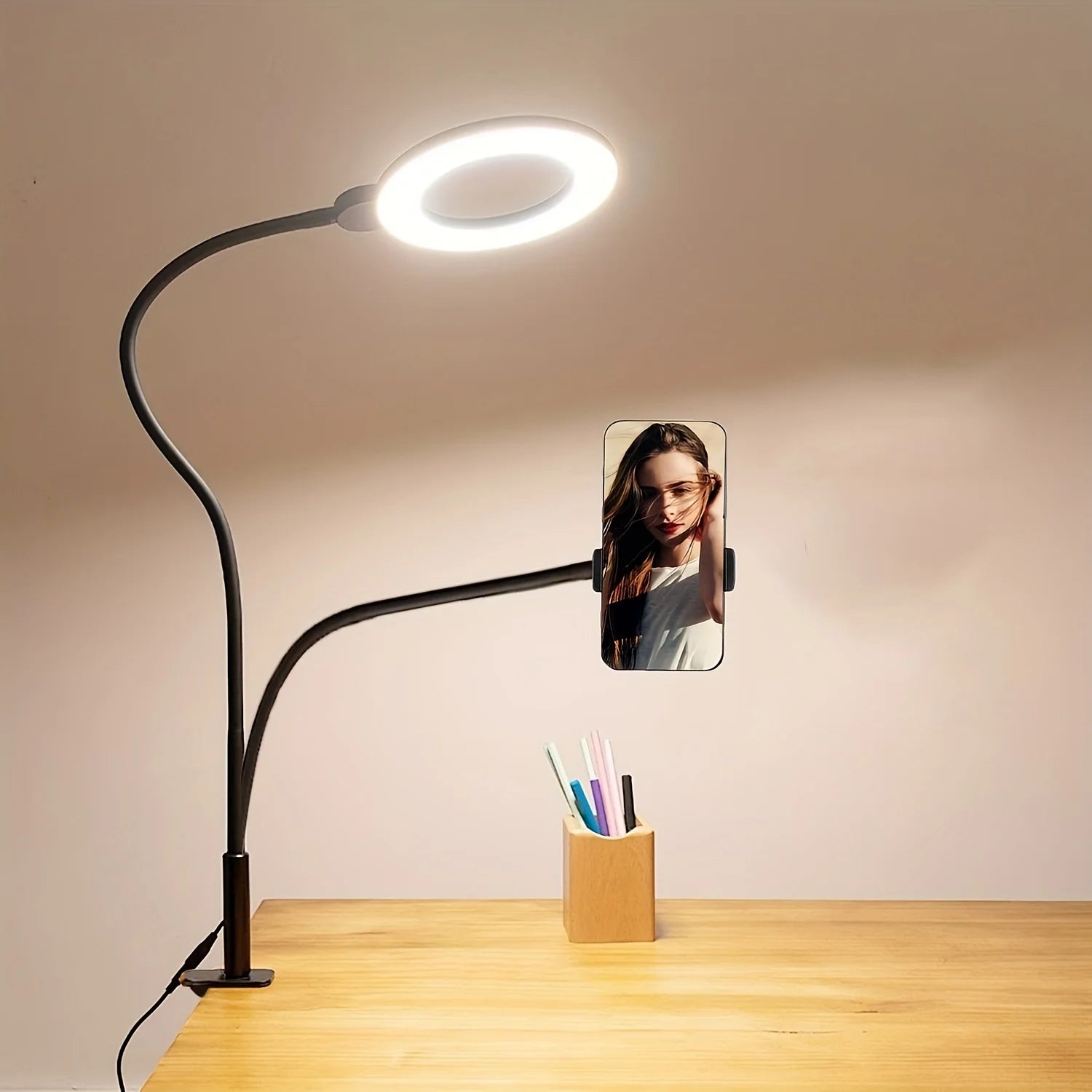 Selfie Ring Light with Phone Holder – Adjustable Desk Ring Lamp for Streaming