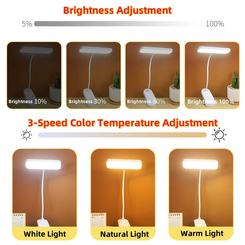 360° Adjustable Clip-On Desk Lamp – USB Rechargeable Reading Light